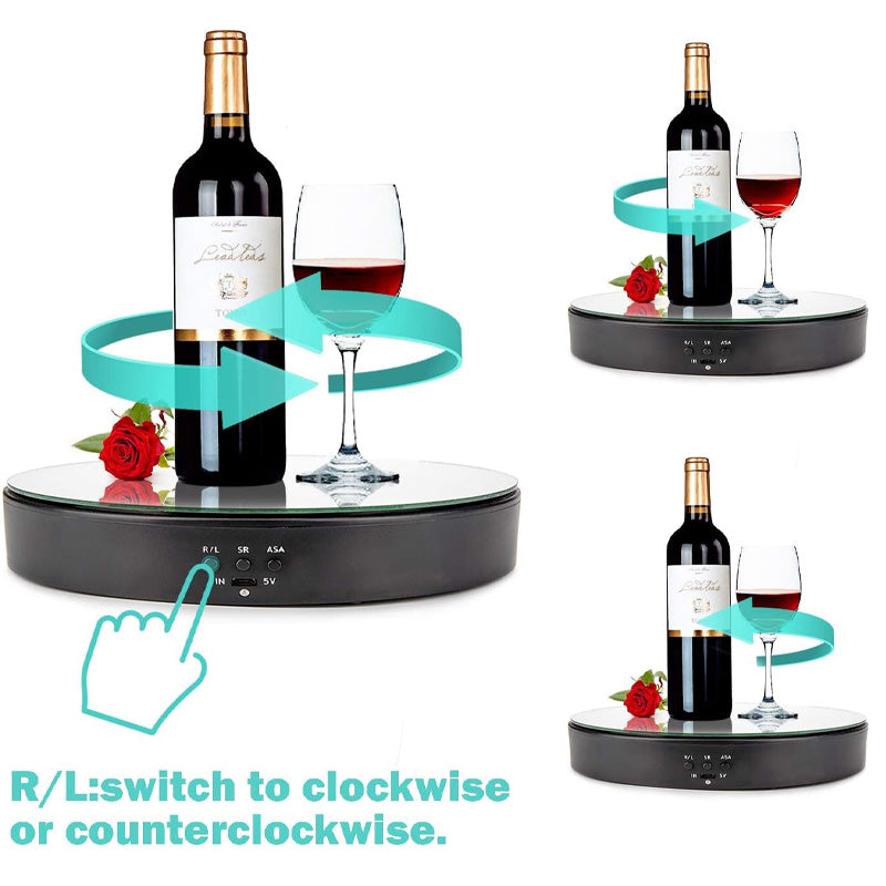 Wine bottle and glass on a rotating stand with text indicating direction control.