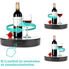 Wine bottle and glass on a rotating stand with text indicating direction control.