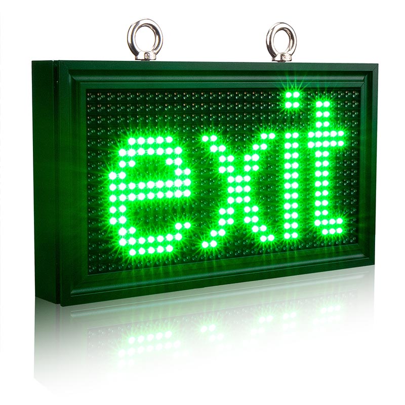 Green LED exit sign on a white background