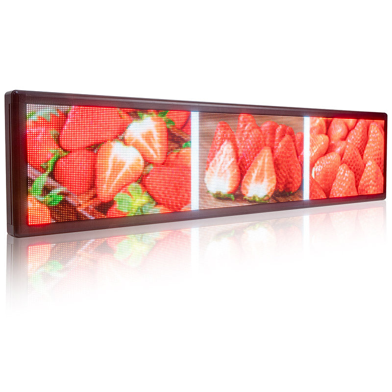 LED display panel showing images of strawberries on a white background
