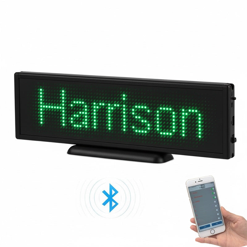 LED sign displaying 'Harrison' with a Bluetooth connection to a smartphone on a white background