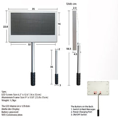 Measurement chart of a digital display with dimensions and specifications.