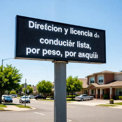 Electronic sign displaying text in Spanish on a clear day with houses and cars in the background.