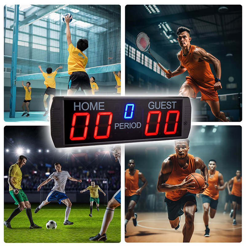 Digital scoreboard with sports-themed images of athletes playing volleyball, tennis, and soccer.