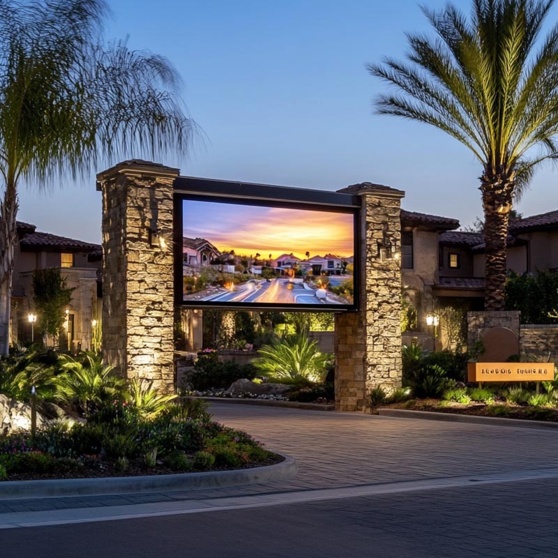 Full-color LED signage displaying real estate listings outside property office - commercial digital display