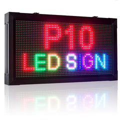 LED sign displaying 'P10 LED SIGN' with red, green, and blue lights on a white background