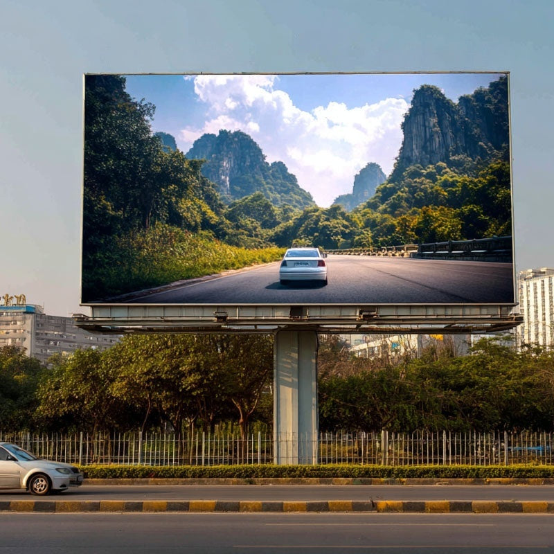 Billboard displaying a scenic road with mountains and a car, with cars on the road below.