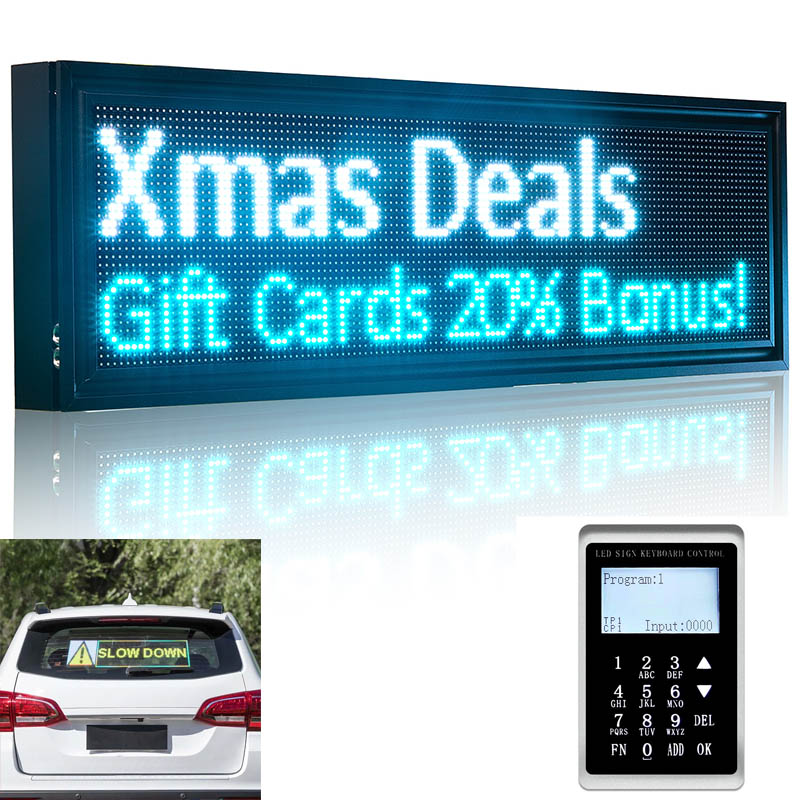 LED sign displaying 'Xmas Deals Gift Cards 20% Bonus!' with a remote control