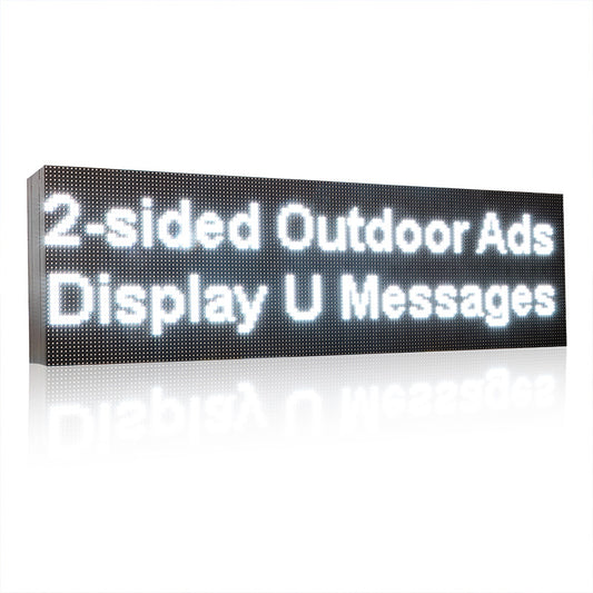 LED sign displaying '2-sided Outdoor Ads Display U Messages' on a white background