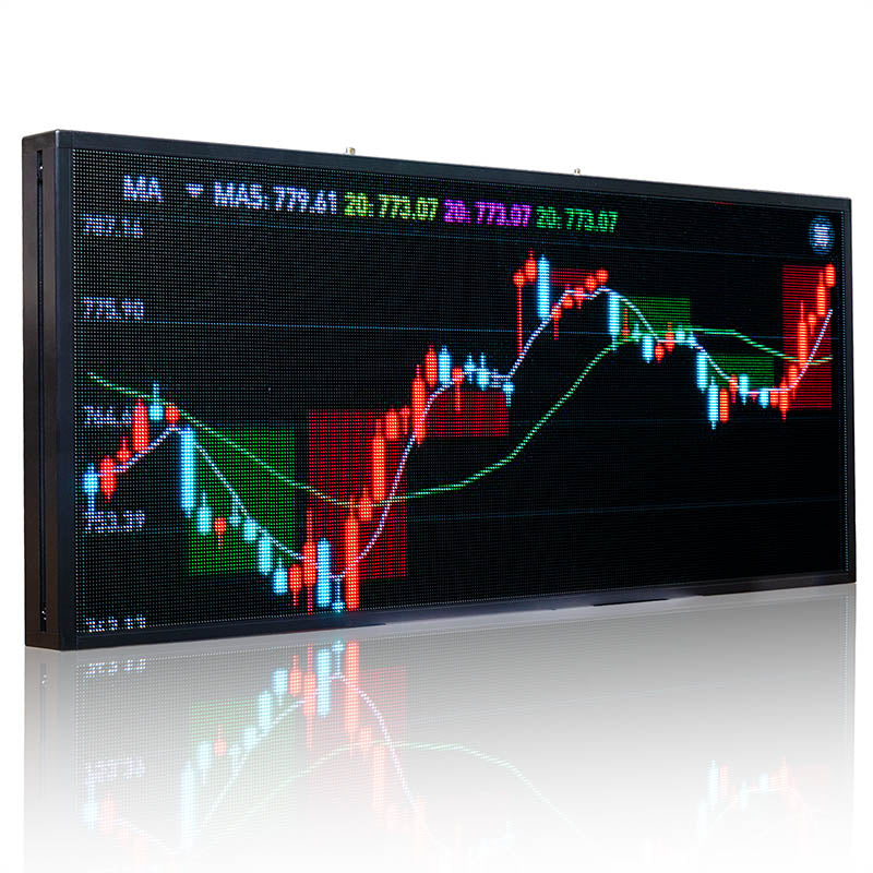 Digital display of a stock market chart with colorful bars on a reflective surface.