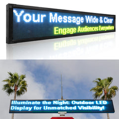 LED display board with text 'Your Message Wide & Clear' and 'Illuminate the Night: Outdoor LED Display for Unmatched Visibility!' against a clear sky with palm trees.