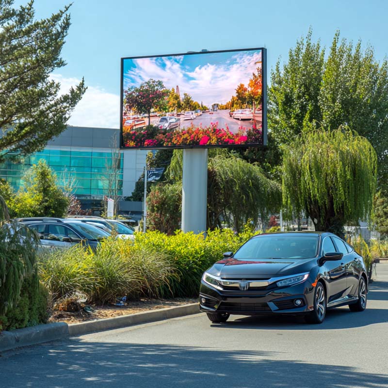 Car driving on a road with a large electronic billboard displaying a scenic road.
