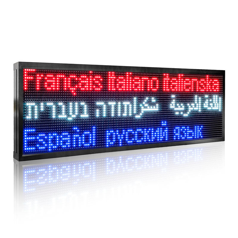 Multilingual LED display board with text in various languages.
