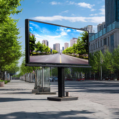 Large outdoor digital display screen showing a cityscape on a city street.