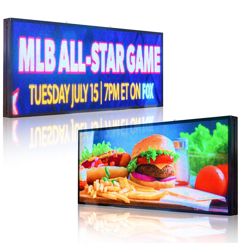 Digital display board with 'MLB All-Star Game' announcement and a hamburger and fries image.