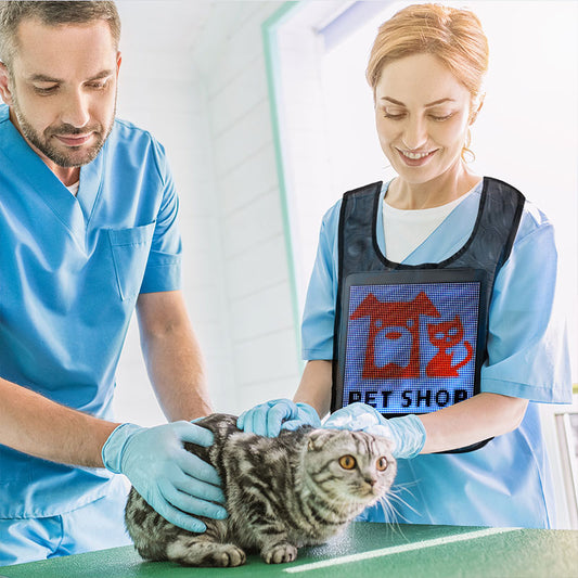 Two veterinarians examining a cat on a table with a 'Pet Shop' sign in the background.