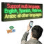 Person using a smartphone to control an LED sign displaying multiple languages.