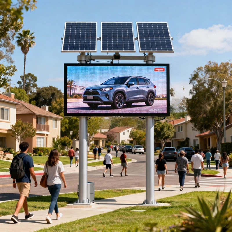 Double-Sided LED Sign Digital display with a car advertisement on a street corner with people walking by.