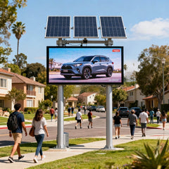 Double-Sided LED Sign Digital display with a car advertisement on a street corner with people walking by.