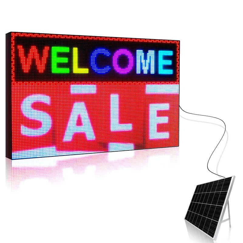 LED sign with 'WELCOME SALE' text and solar panel on a white background