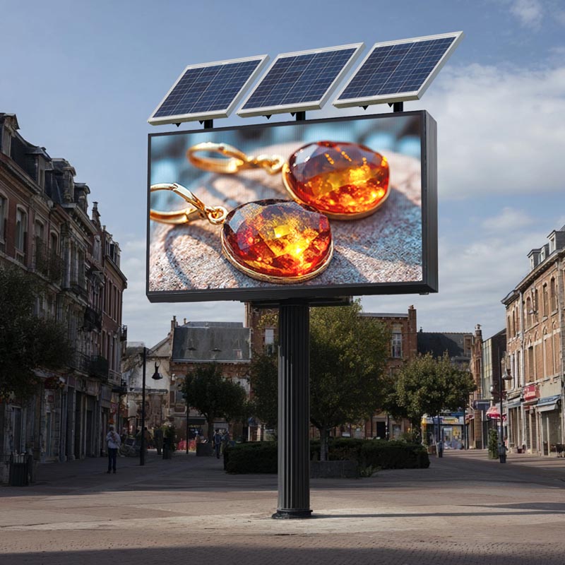 Digital billboard displaying amber earrings on a city street with solar panels above.