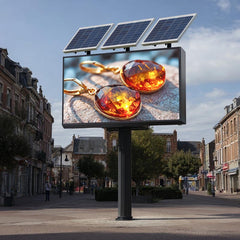 Digital billboard displaying amber earrings on a city street with solar panels above.