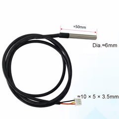 Sensor with black cable and metal probe on a white background