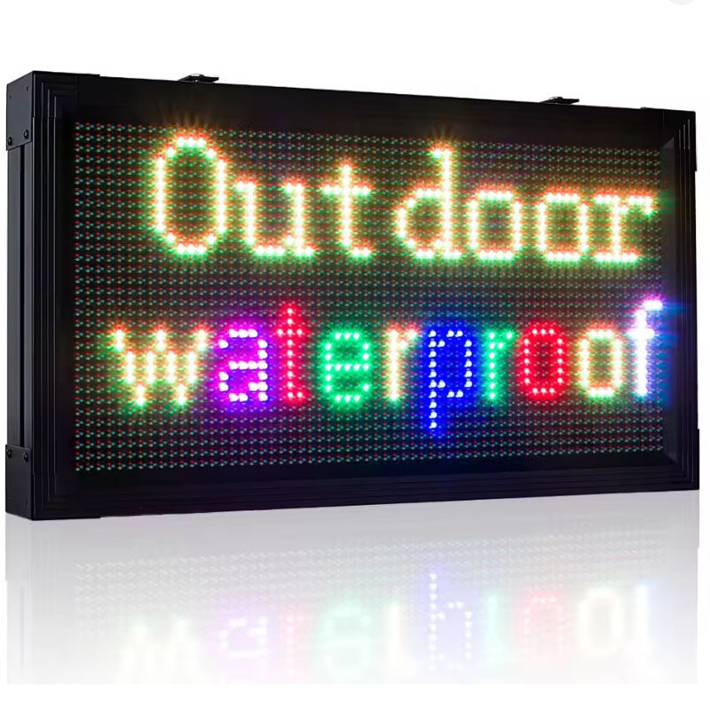 LED sign displaying 'Outdoor waterproof' text on a white background