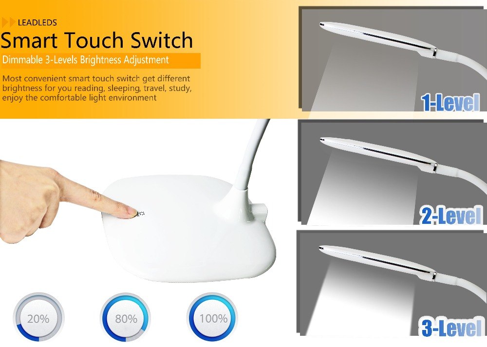 Fashion Gooseneck LED Desk Lamp Smart Touch Control Switch Portable Reading Lamp With 3 Level Dimmer Table Lamp Office light - Leadleds