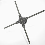 3D holographic LED fan advertising display in shopping mall storefront window creating eye-catching floating product promotions for customer engagement