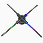 52CM WiFi 3D holographic LED fan display projector mounted on wall showing floating 3D hologram with 624 LED lights in black color for retail advertising