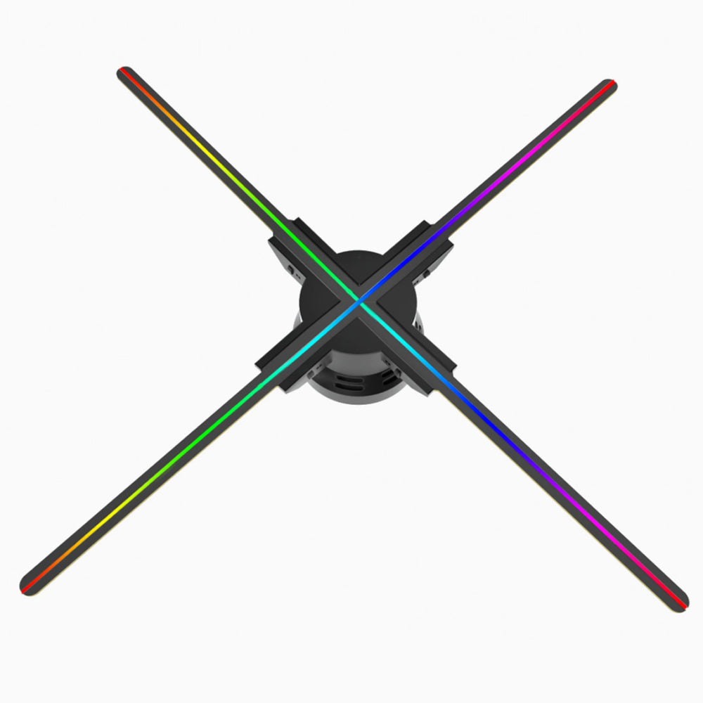 52CM WiFi 3D holographic LED fan display projector mounted on wall showing floating 3D hologram with 624 LED lights in black color for retail advertising
