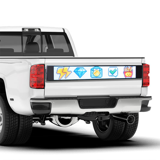 White truck with colorful graphic on the back