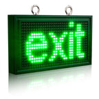 Green LED exit sign on a white background