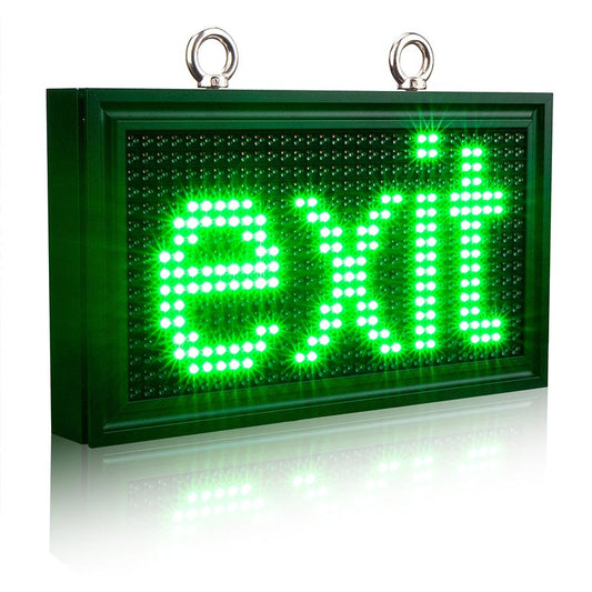 Green LED exit sign on a white background