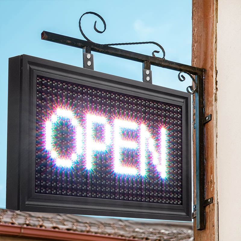 LED sign displaying the word 'OPEN' on a building exterior. Main image