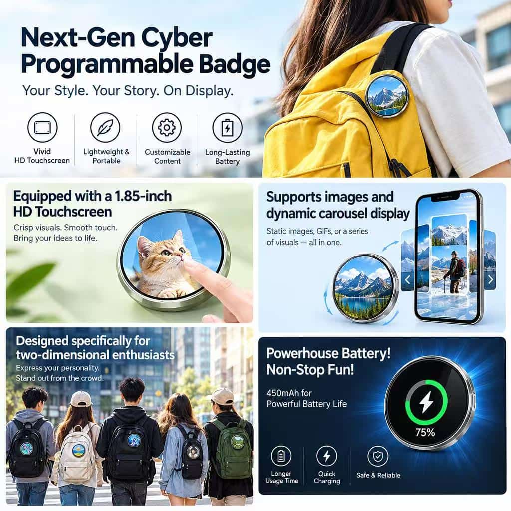 Bluetooth-enabled LED badge connected to a smartphone app for content management