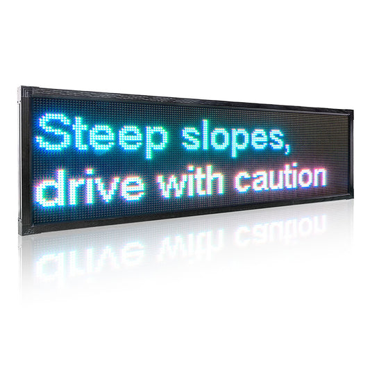 LED sign with 'Steep slopes, drive with caution'