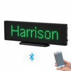 LED sign displaying 'Harrison' with a Bluetooth connection to a smartphone on a white background