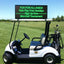 Golf cart with a digital sign on a golf course advertising a mini-golf tournament.