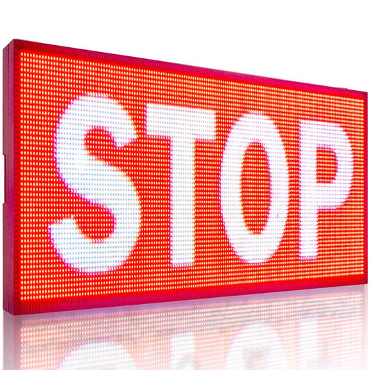 LED sign displaying the word 'STOP' on a red background