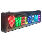Double-sided outdoor LED sign displaying programmable scrolling text for church school and retail storefronts
