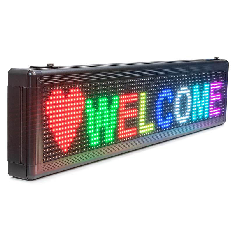 Double-sided outdoor LED sign displaying programmable scrolling text for church school and retail storefronts
