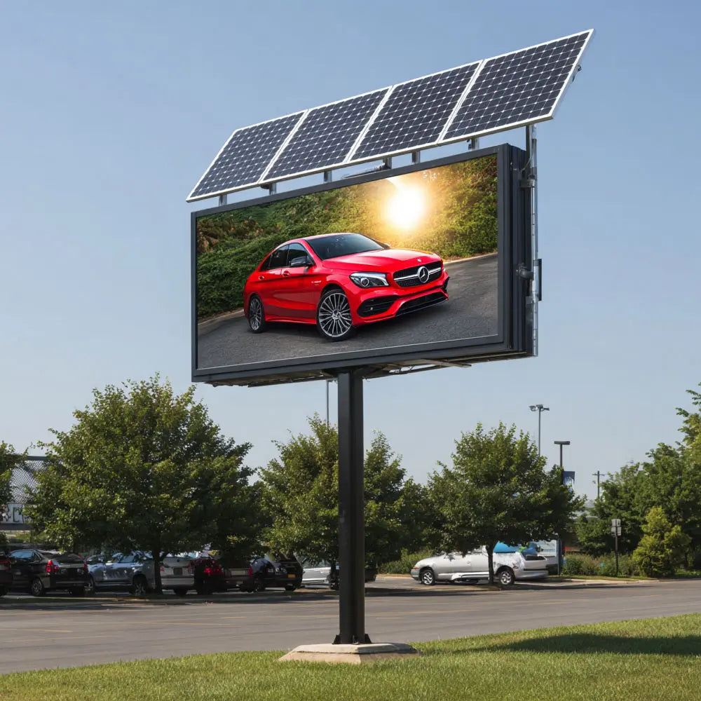 Double-sided solar powered outdoor LED billboard sign displaying full color content on city street, programmable via 4G remote control, auto-dimming DIP LED, 63x44 inch display area