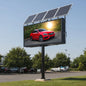Double-sided solar powered outdoor LED billboard sign displaying full color content on city street, programmable via 4G remote control, auto-dimming DIP LED, 63x44 inch display area