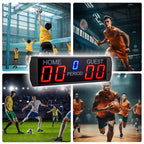 Digital scoreboard with sports-themed images of athletes playing volleyball, tennis, and soccer.