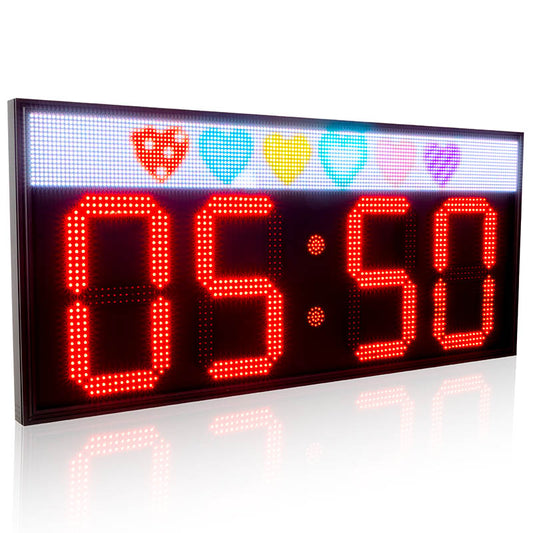 Digital clock with heart-shaped LED lights on a white background