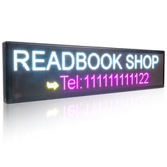 LED sign displaying 'READBOOK SHOP' and a phone number on a white background