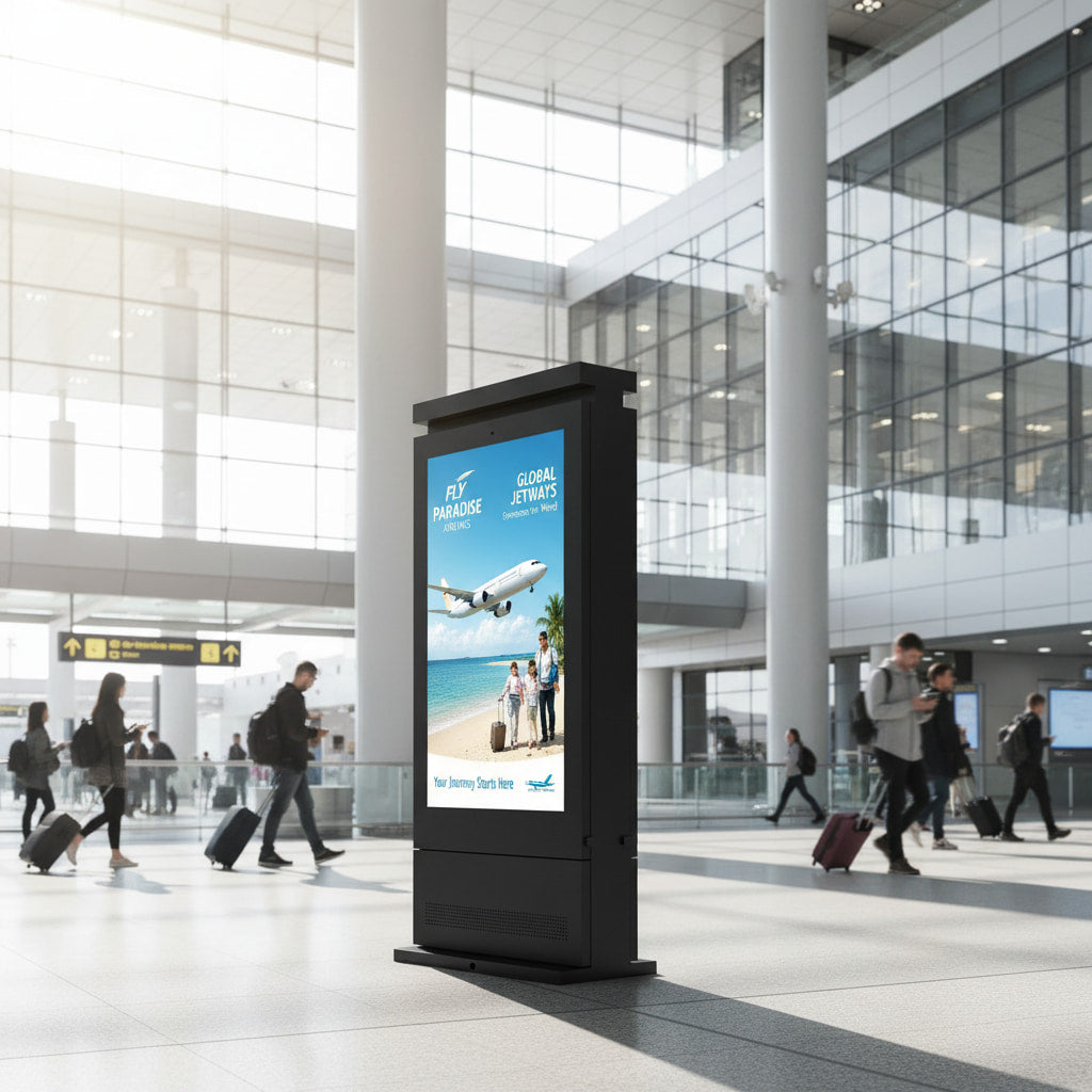 Floor standing digital signage totem on city street outdoor commercial advertising