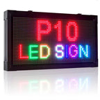 LED sign displaying 'P10 LED SIGN' with red, green, and blue lights on a white background